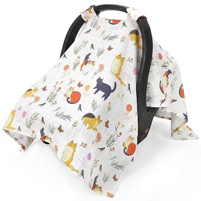 Metplus Car Seat Cover Baby, 100% Muslin Cotton Infant Carseat Covers for Boys and Girls, Lightweight Breathable Canopy, Summer Stroller Sun Shade, Newborn Travel Essentials(Cat)