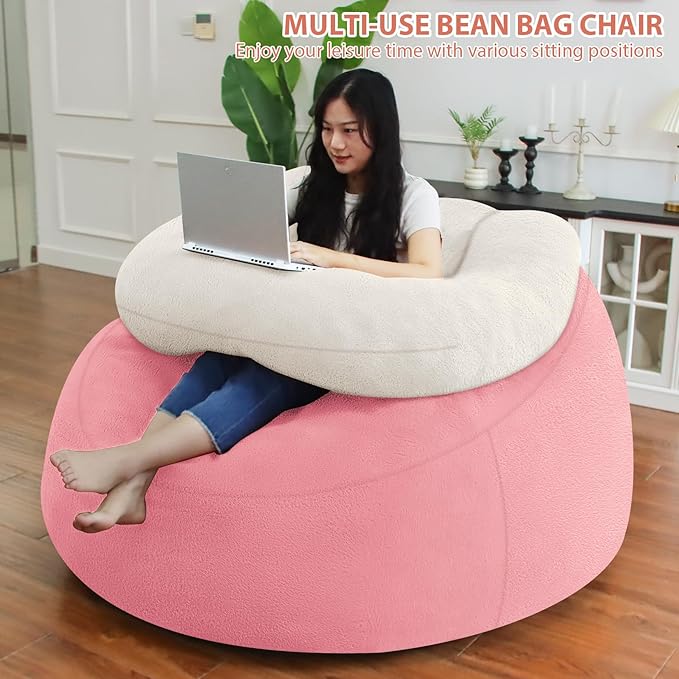 HABUTWAY Bean Bag Chair with U-Shaped Pillow - Faux Fur Fabric (Beige-Light Pink)
