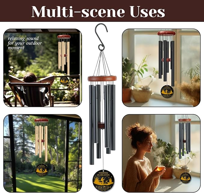 Personalized Fishing Memorial Wind Chime – “Fishing in Heaven” Custom Name & Years – Outdoor Sympathy Gift for Fishermen’s Families – Memorial Windchimes for Loss of Loved One – Tranquil Garden Décor