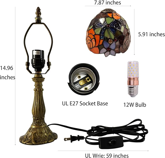 Small Tiffany Table Lamp 8 Inch Tiffany Style Desk Lamp Stained Glass Antique Light Decoration Bedroom Bedside Lamp Retro Reading Lamps (Red Roses Flowers Style)