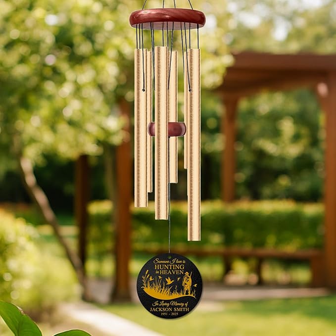 Personalized Hunting Memorial Wind Chime – “Someone I Love is Hunting in Heaven” Custom Name – Sympathy Gift for Hunters – Remembrance Windchime for Loss of Loved One – Golden Engraved Keepsake