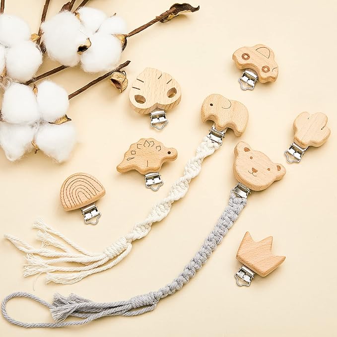 20 Pieces Wood Pacifier Clips Toy Suspender Clips Charm DIY Pacifier Holder for Baby Toddler Teething Grasping Accessory