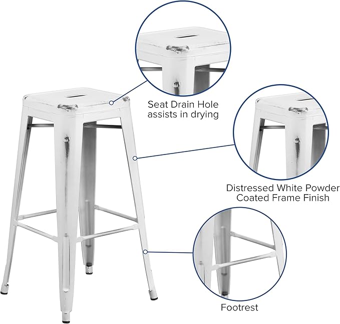 Flash Furniture Kai Commercial Grade 30" High Backless Distressed White Metal Indoor-Outdoor Barstool