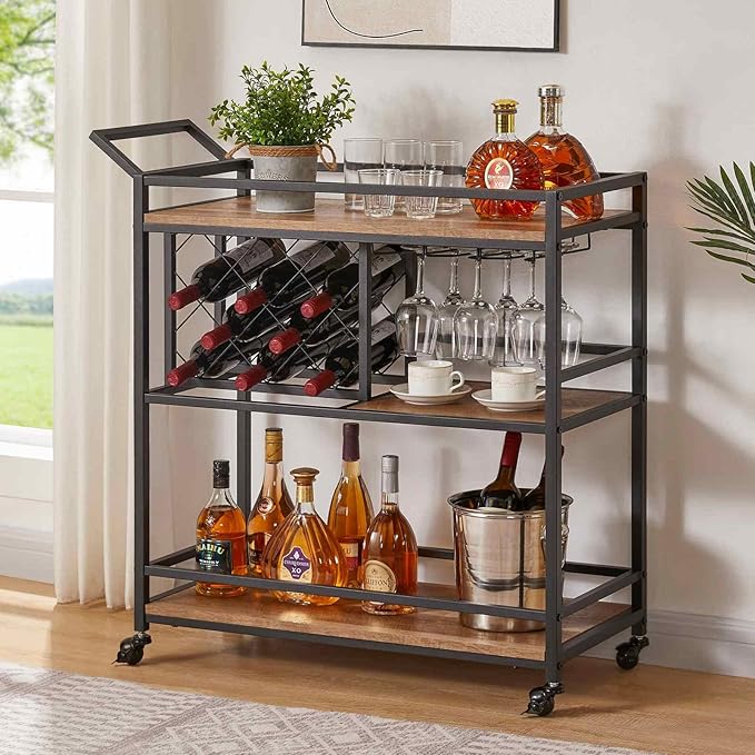 FATORRI Bar Cart for The Home, Rolling Wine Carts on Wheels with 3 Tier Wood Shelves, Liquor Beverage Cart with Wine Rack and Glass Holder (Rustic Oak)
