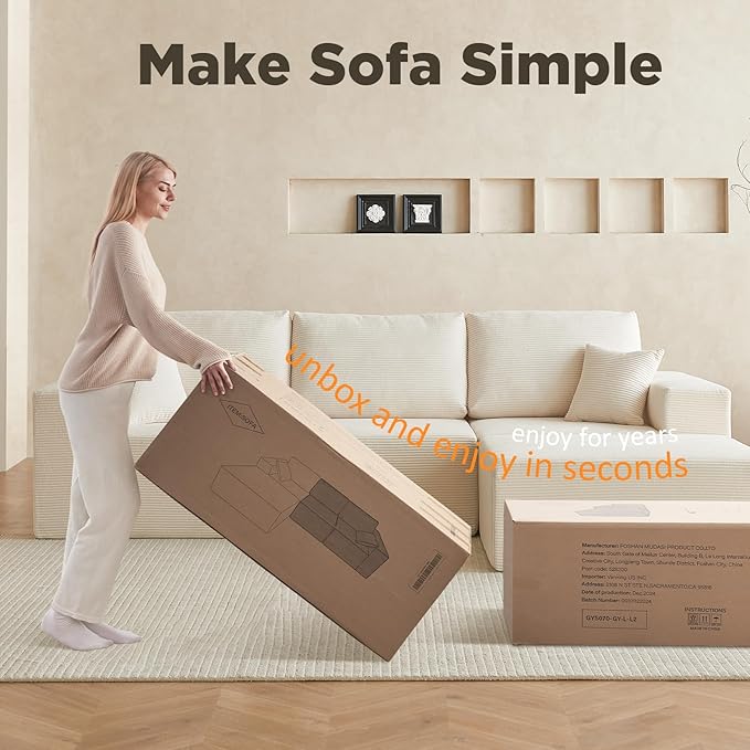 INGEROOM 108" Cloud Sectional Couch, Modular Sectional Sofa with L-Shaped Chaise, Modern Plush Corduroy Couch for Living Room Bedroom, No Assembly Required, Deep Seating（Beige）