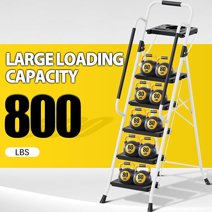 KINGRACK Folding 5-Step Ladder, 800 lbs Capacity Step Stool with Safety Lock, Tool Tray, Non-Skid Wide Steps, Handrail, Household Folding Ladder for Home, Garden, Painting, Outdoor, and Garage, White