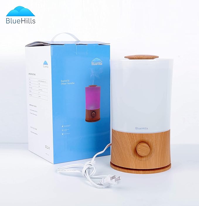 BlueHills Premium Set of Two Large 2000 ML XL Essential Oil Diffusers Humidifier Combo for Large Room Home with Décor LED Lights Great Gift – Dark Wood Grain and a Wood Grain.