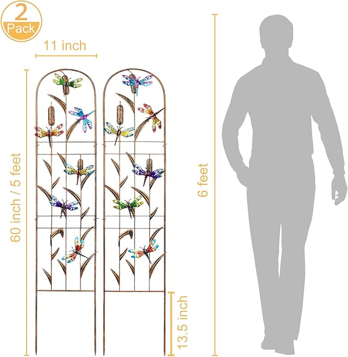 LEWIS&WAYNE 2 Pack Metal Garden Trellis with Colorful Dragonfly 60 Inch High Outdoor Decoration Arched Fence Trellis for Climbing Plants for Patio, Lawn, Yard, Backyard, Wall Brackets
