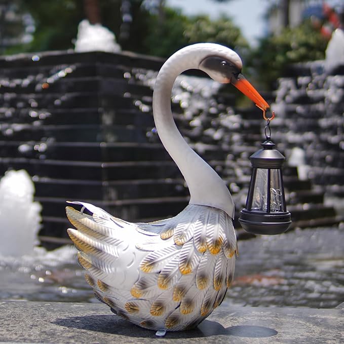 HONGLAND Solar Garden Statue Outdoor Swan Decor Bird Decor Lawn Ornament for Backyard Patio Porch Poolside（White）