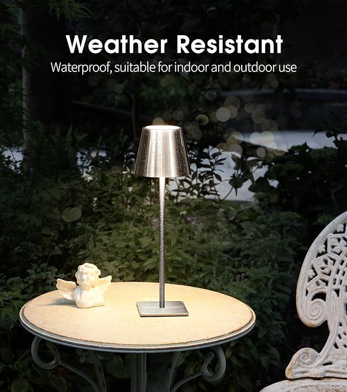 UME 3 Pack Cordless Table Lamp, Battery Operated Lamp - Portable Waterproof Rechargeable Table Lamp w/ 3 Color Temps & Stepless Dimming for Dinner, Desk, Cafe, Outdoor (Brushed Silver)