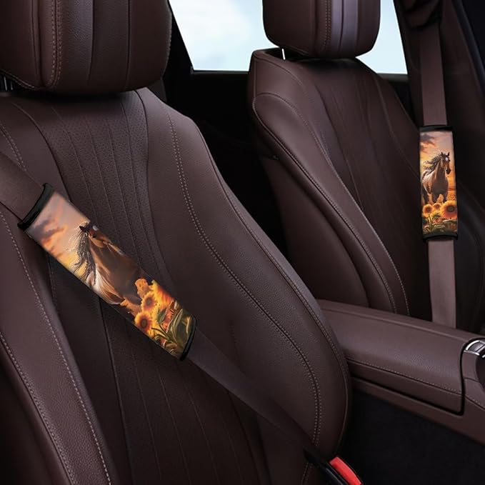 Biyejit Car Seat Belt Pads Cover, Safety Seat Belt Comfortable Shoulder Pads for Adults and Children 2 Packs, Sunset Sunflower Horse