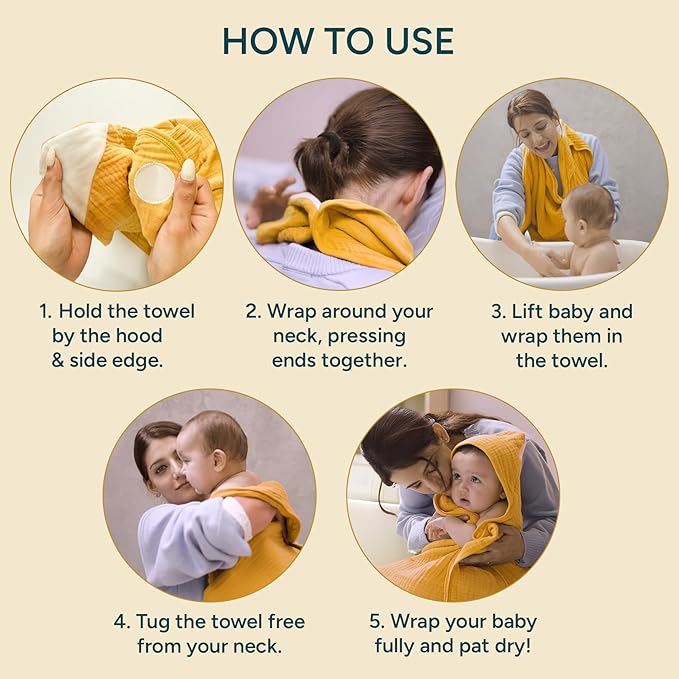 Hands-Free Hooded Towel - 100% Organic Premium Muslin Cotton, 30" x 30", Ultra-Absorbent, Soft, Breathable, Hypoallergenic, Multipurpose, Gifts for Babies & Infants, Pack of 2