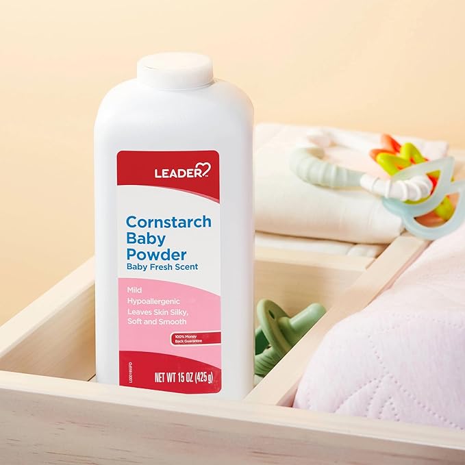 LEADER Cornstarch Baby Powder, Naturally Derived Cornstarch Aloe & Vitamin E, Hypoallergenic, Leaves Skin Silky, Soft and Smooth, Baby Fresh Scent, 15 Ounce (Pack of 2)