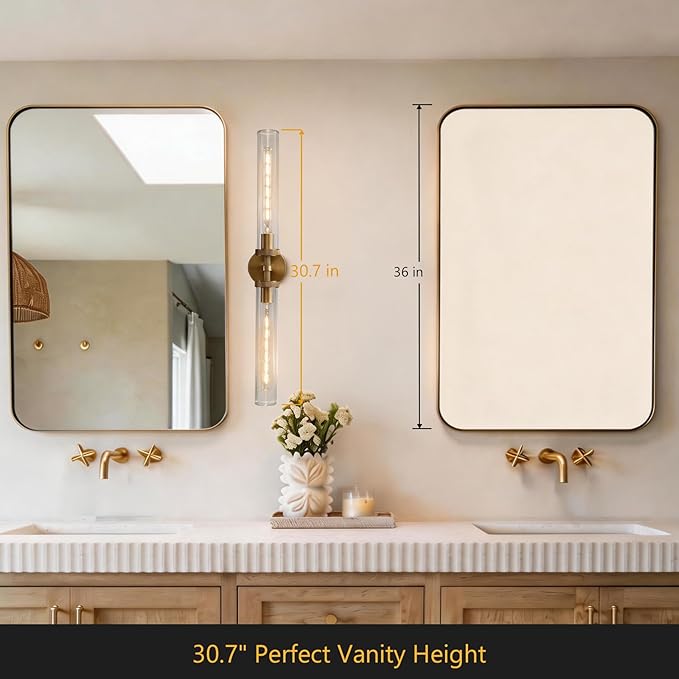 Bathroom Sconces Set of Two, 30 inch Wall Sconce Knurled Bathroom Wall Sconces with Tube Glass,Gold Sconces Wall Lighting Vanity Sconce for Bedroom,Living Room,Hallway, Staircase(E26 Bulb Include)