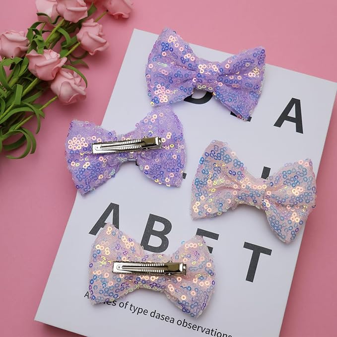 Purple Sequins Bows for Girls, Handmade Hair Clip Glitter Hair Bows Alligator Clips Hair Accessories for Little Teen Toddler Girls Kids