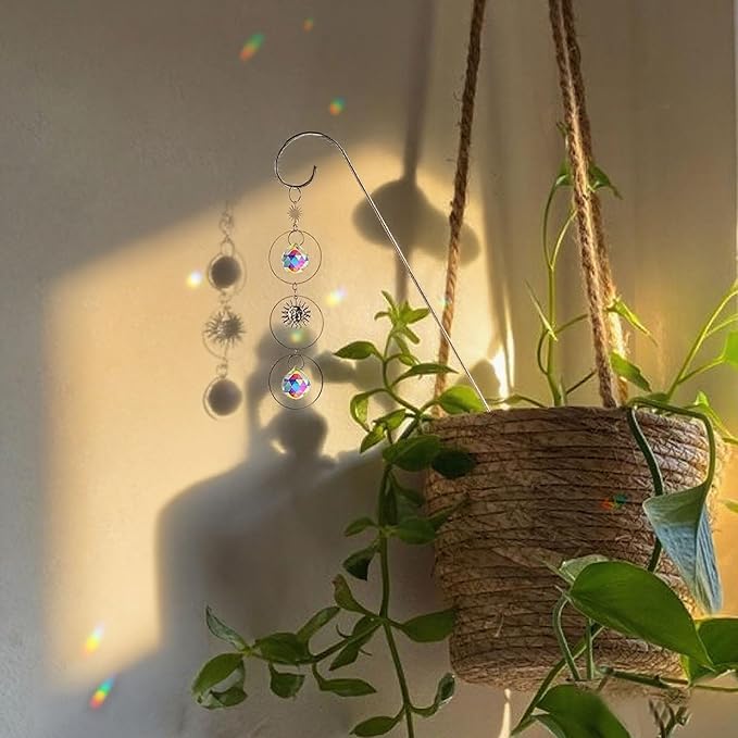 HDCRYSTALGIFTS 4 Pack Small Trellis with Crystal Sun Catchers for Potted Plants Decorations 13.5'' Indoor Plant Stake Suncatcher Accessories for Home Window Garden, Sliver