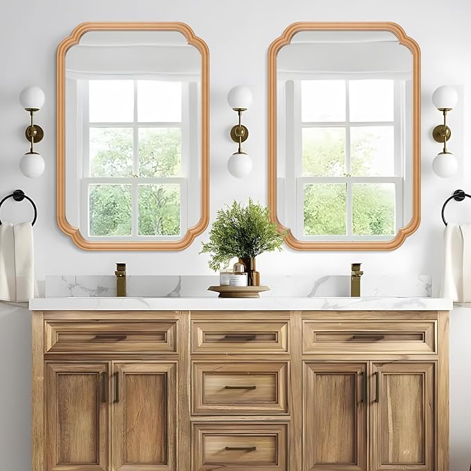 Wood Bathroom Mirror for Wall Mounted, 24" x 36" Rustic Bathroom Mirror for Over Sink with Wood Frame Farmhouse Rounded Corner Rectangle Mirror Decorative(Natural Color)