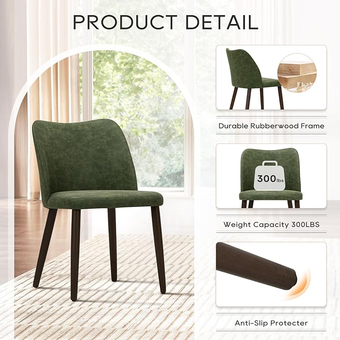 COLAMY Upholstered Dining Chairs Set of 4, Modern PU Leather Dining Room Kitchen Side Chair with Padded Seat and Wood Legs Restaurant/Cafe, Green