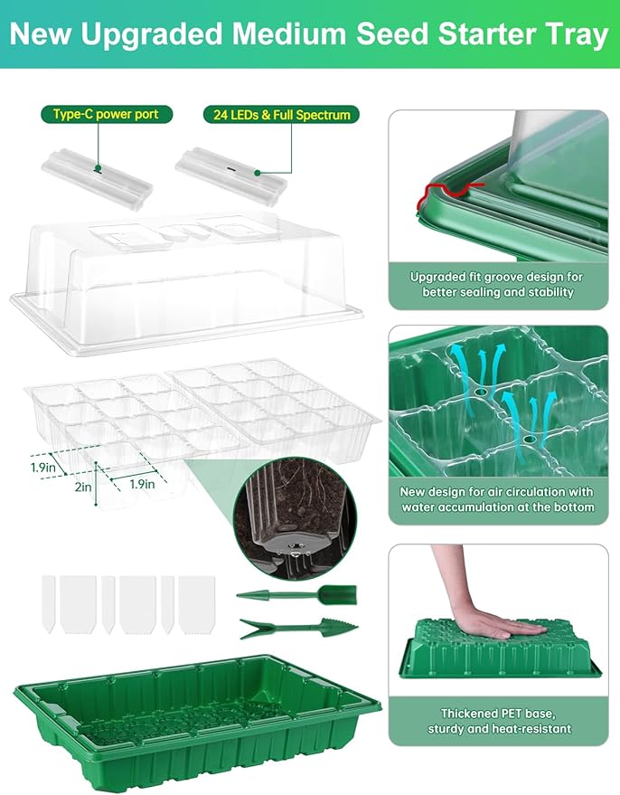 2 Packs Large Seed Starter Tray, Adjustable Brightness and Timer with 48 Full Spectrum LEDs, Seed Starter Kit with Drainage Holes, Tools and Labels for Indoor Plant Growing and Outdoor Gardening