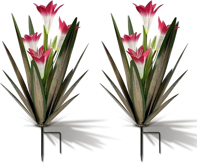 Homight Metal Agave Plant Outdoor Decoration Lily Mexican Yard Art Garden Gift Home Decor Hand Painted Metal Agave Garden Yard Statue, Outdoor Lawn Ornaments (2 Big Red Lilies)