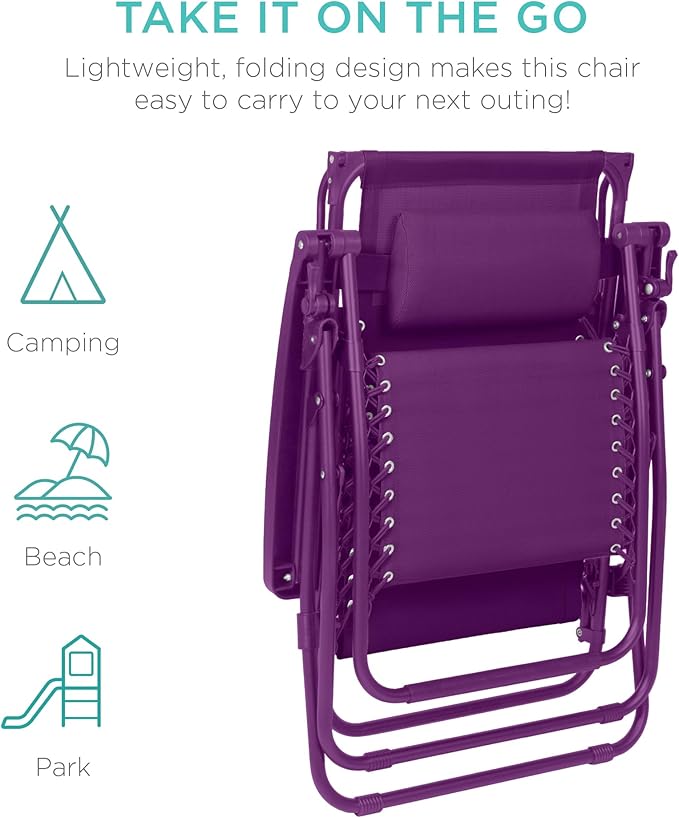 Best Choice Products Folding Zero Gravity Outdoor Recliner Patio Lounge Chair w/Adjustable Canopy Shade, Headrest, Side Accessory Tray, Textilene Mesh - Amethyst