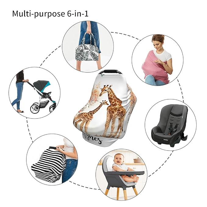 Personalized Giraffe Baby Car Seat Cover with Name,Multi-Use Canopy for Nursing, Strollers,Shopping Carts,Customized Breastfeeding Cover, Full Privacy,Infant Stroller Cover