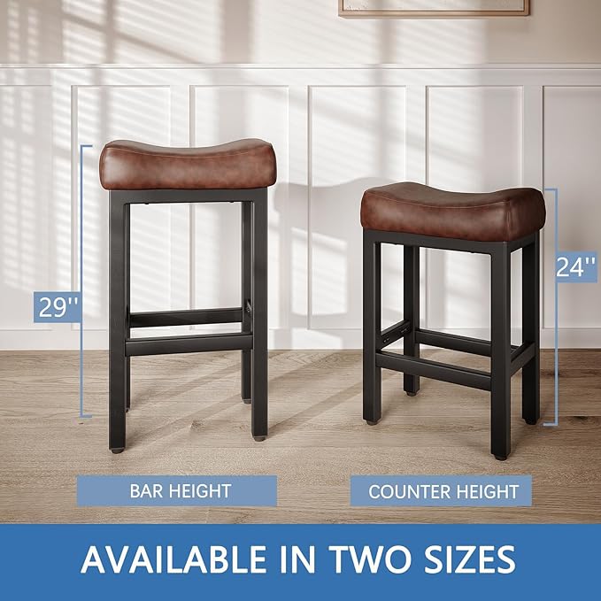 29 Inch Bar Height Bar Stools Set of 2, 29" Barstools for Kitchen Island Counter, Backless Bonded Leather Bar Height Stools with Thick Saddle Seats & Heavy Duty Metal Base, Easy Assembly, Brown/Black