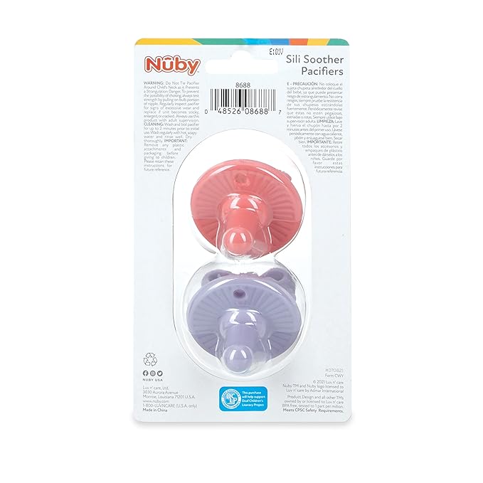 Nuby 3-D Sili Soother Pacifiers with Soft Handle and Two Safety Air Holes, 2 Pack, 0+ Months, Purple Bow and Pink Flowers