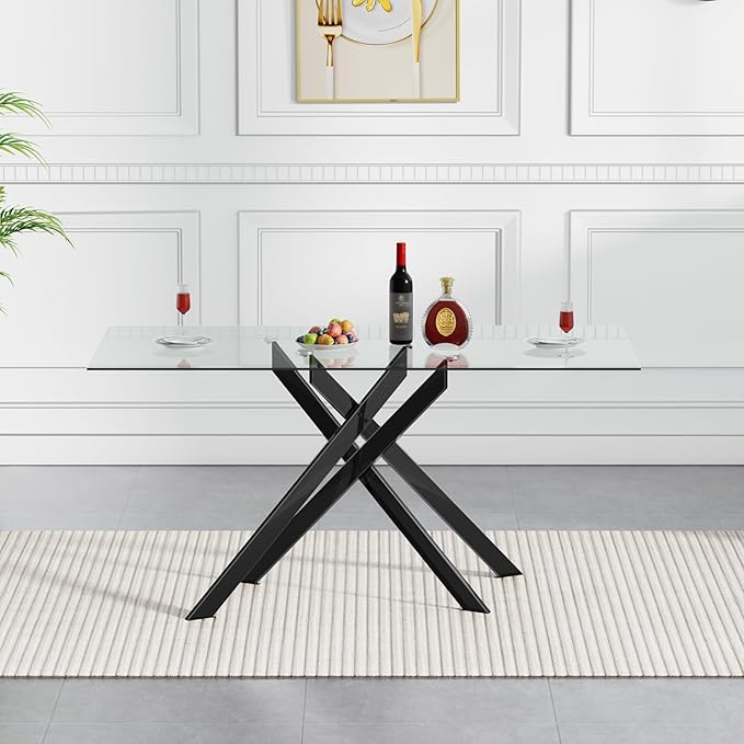 51" Rectangular Glass Dining Room Table for 4 with Tempered Glass Top and Black Metal Legs, Modern Clear Kitchen and Dinner Table for Home Office Dining Room