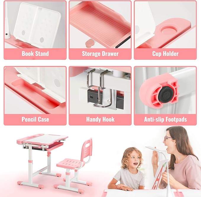 Rengue Kids Desk and Chair Set Height Adjustable Children School Study Desk and Chair with 55° Tiltable Desktop, 3 Mode & Brightness LED Lamps, Storage Drawer & Metal Hook for Boys Girls Gifts (Pink)