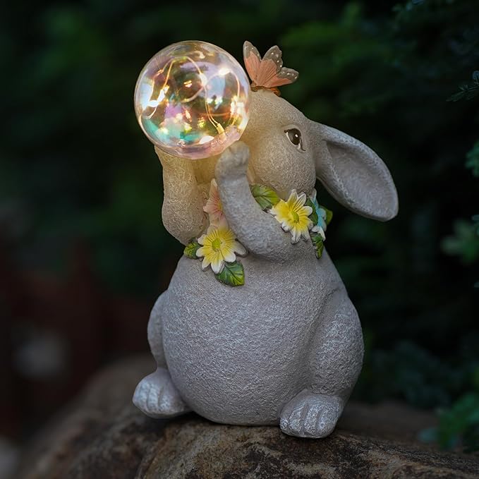 MININOVA Solar Garden Decor Lights Rabbit Statue with Bubble Ball Waterproof Decorations Cute Bunny Figurine for Outside Spring Yard Housewarming Mother Gifts for Women