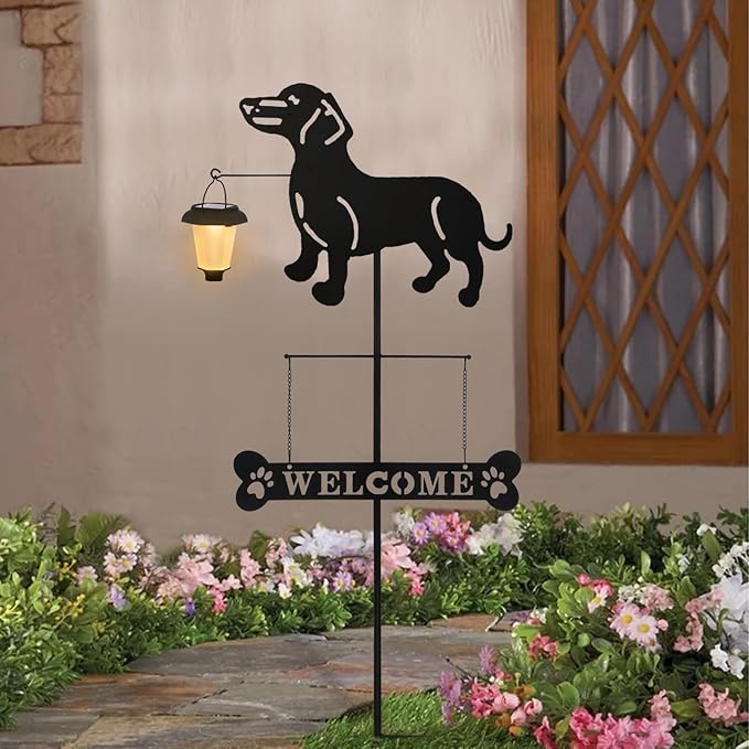 BAYN Solar Dachshund Silhouette Dog Breed Welcome Sign with a Lantern Outdoor Decorative Garden Stakes for Yard, Lawn, Patio, Pathway