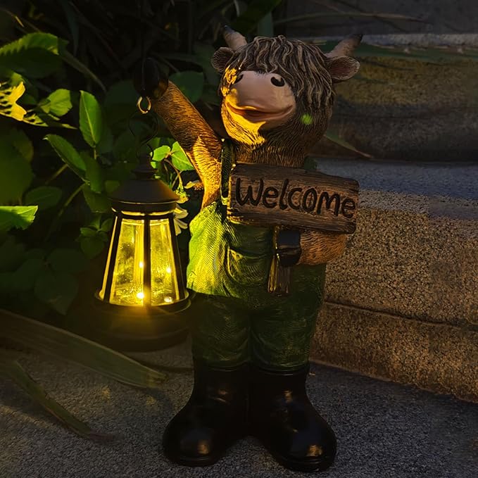 Solar Garden Decor Statues: Handmade Resin Statue with LED Light,Highland Cow Figurine Outdoor Garden Decor Unique Gifts for Women, Mom, Grandma (Green cow1)