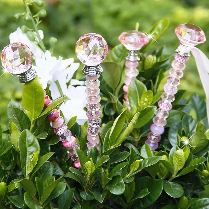 119 Pcs Garden Stake DIY Fairy Wand Plant Stake with Pink Large Hole Beads Crystal Diamond Stopper Top 4 Stainless Steel Threaded Rod Beaded Garden Stakes for Outdoor Indoor Yard Patio Decorations