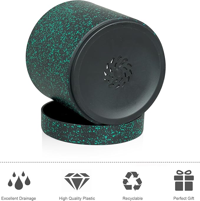 6/5/4 inch Plant Pots, 3 Pack Cylinder Flower Pots for Small Indoor Outdoor Plants, Plastic Planters with Drainage Holes and Saucers for Garden Succulent Plants, Black with Green Speckles