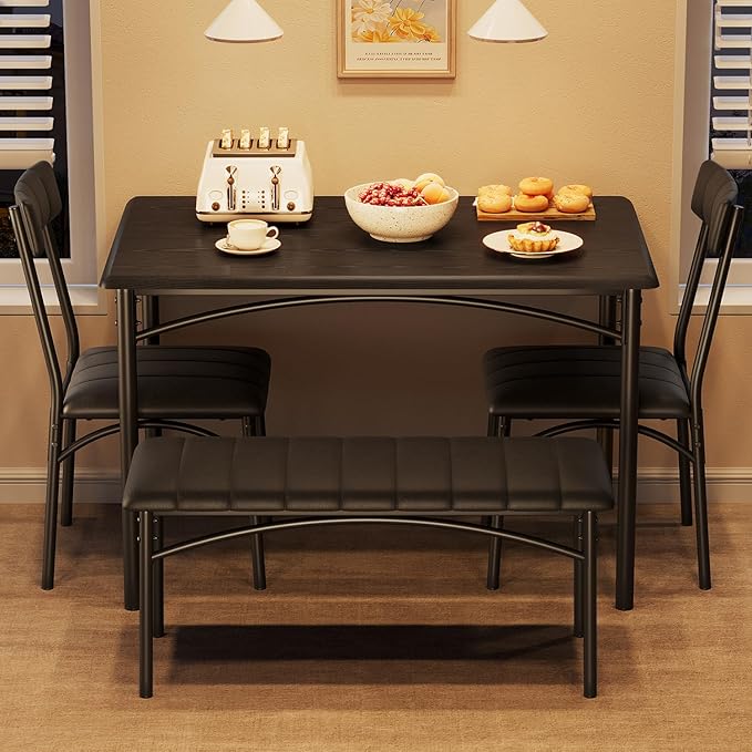 GarveeHome Dining Table Set for 4, Kitchen Table with Upholstered Chairs and Bench, Wood Rectangular Dining Table and Chairs Set for Small Space, Apartment, Dinner, Rustic Black