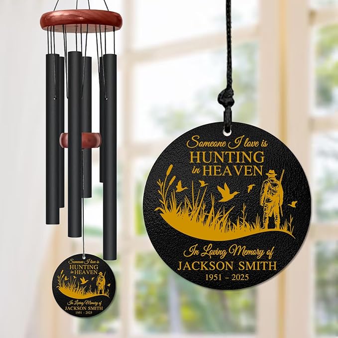 Personalized Hunting Memorial Wind Chime – “Someone I Love is Hunting in Heaven” Custom Name – Sympathy Gift for Hunters – Remembrance Windchime for Loss of Loved One – Golden Engraved Keepsake