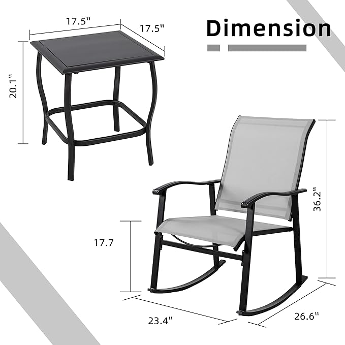 Vongrasig 3 Piece Outdoor Rocking Bistro Set, Textilene Fabric Small Patio Furniture Set, Front Porch Rocker Chairs Conversation Set with Glass Table for Lawn, Garden, Balcony, Poolside (Light Gray)