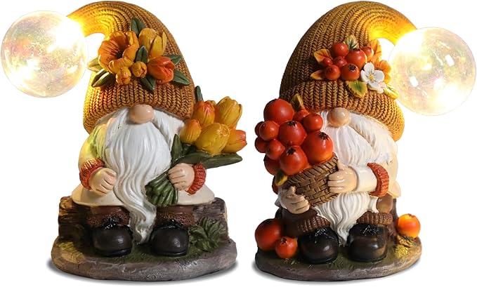 2PCS Garden Gnomes Statues Fall Gnome Decorations Outdoor Indoor Figurines Lights Fairy Garden Thanksgiving Home Decor