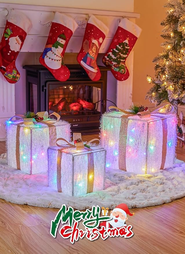 Set of 3 Christmas Decorations Lighted Gift Boxes with Bows，12" 10" 8" with 60 Pre-Lit Mini String Lights，Foldable LED Xmas Present Boxes for Tree Indoor Outdoor Holiday Party Yard Home Decor