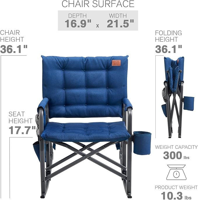 EVER ADVANCED Lightweight Folding Rocking Camping Chair, Padded Portable Rocker Chair for Patio, Lawn and Outdoors, Heavy Duty Hard Armchair for Adults, Blue