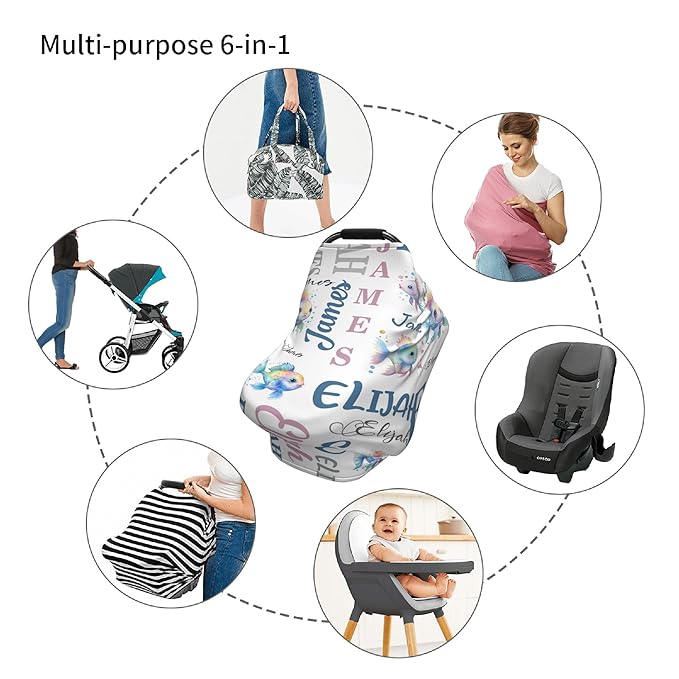 Personalized Baby Car Seat Cover with Name Stroller Canopy Custom Rainbow Fish Carseat Cover Newborn Baby Boy Girl Nursing Cover for Moms First Birthday Gift