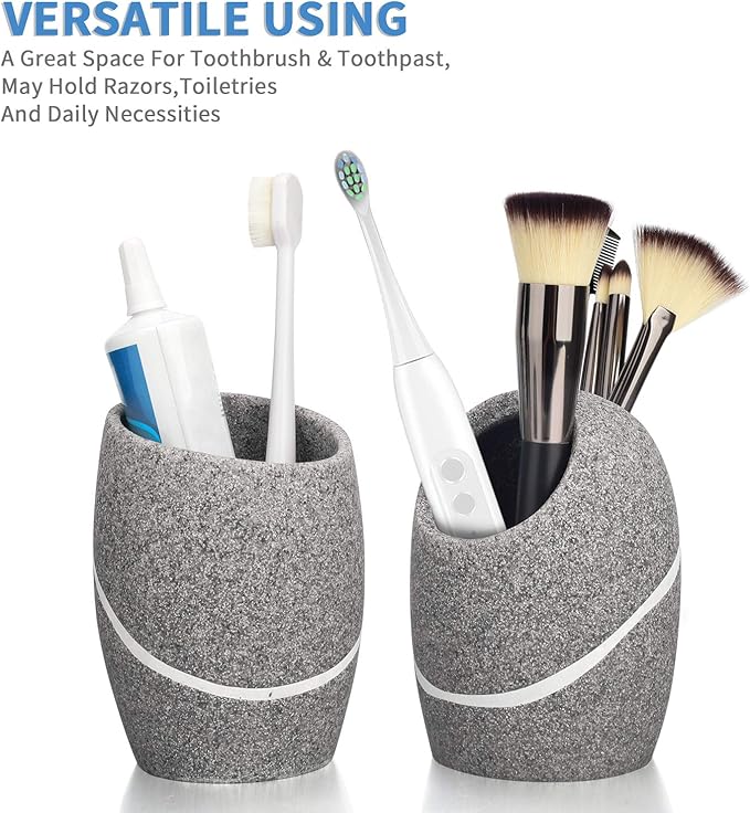 Bathroom Accessory Set,4 Pieces Bathroom Decor Accessories Complete Set Vanity Countertop Accessory Set,Includes Bathroom Soap Dispenser Set,Toothbrush Holder Set,Tumbler,Soap Dish,Grey Granite