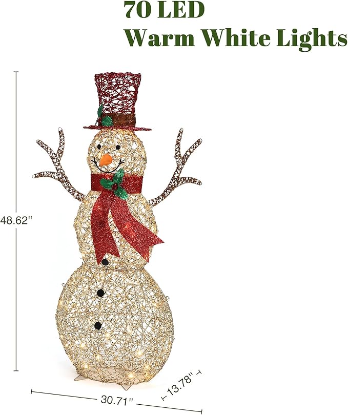LuxenHome 4FT Lighted Snowman Outdoor Christmas Decorations, Gold Light Up Snowman Christmas Decor with 70 LED Light, Red Scarf & Hat, Xmas Decorations Outdoor, Indoor for Porch, Lawn Holiday Display