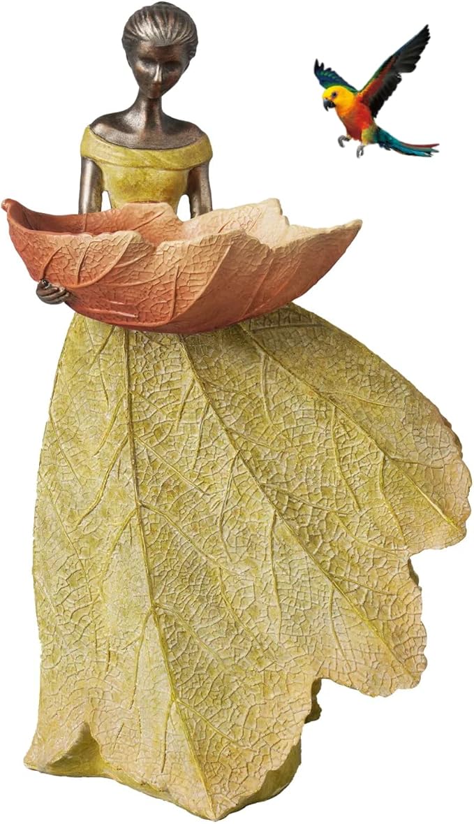DiliComing Fairy Garden Statue Bird Feeder - 12 Inch Fairy Statue for Home Decoration, Resin Outdoor Statues for Garden Decoration, Best Bird Feeder Gift for Women(Yellow)