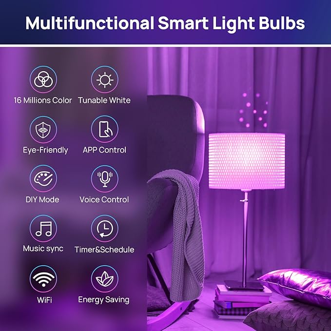Consciot Smart Light Bulbs, LED Light Bulb That Works with Alexa & Google Home, Music Sync, RGBTW Color Changing Light Bulb, A19 E26 2.4Ghz WiFi Light Bulbs 60 watt Equivalent, 800lm Dimmable, 6 Pack