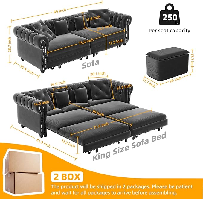 KEIKI 89" W 3-in-1 Pull-Out Convertible Chesterfield Sofa Bed, King Size Velvet Tufted Couch with Movable Ottoman, Chaise Lounge, 3-Seater for Living Room, Bedroom, Office, Gray