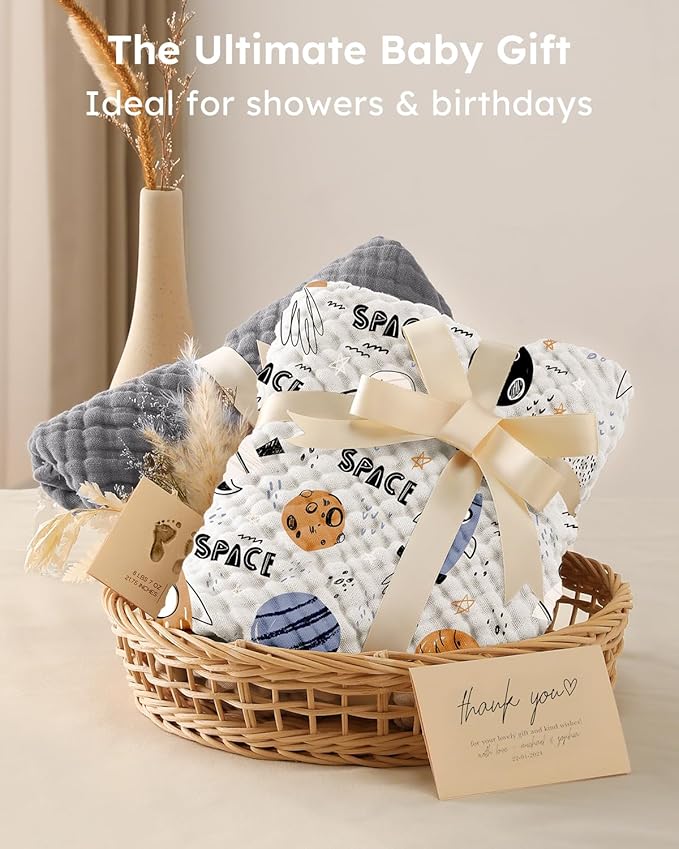 Yoofoss Hooded Baby Towels for Newborn 2 Pack 100% Muslin Organic Cotton Baby Bath Towel with Hood for Babies, Infant, Toddler and Kids, 32x32Inch, Soft and Absorbent Newborn Essential, Grey Planet