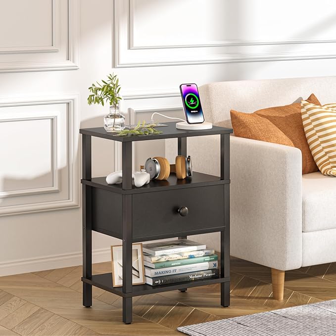 Lerliuo Nightstand Set of 2 with Charging Station and USB Ports, 3-Tier Storage End Table with Drawer Shelf, Night Stand for Small Spaces, Wood Bedside Table for Living Room, Bedroom - Classic Black