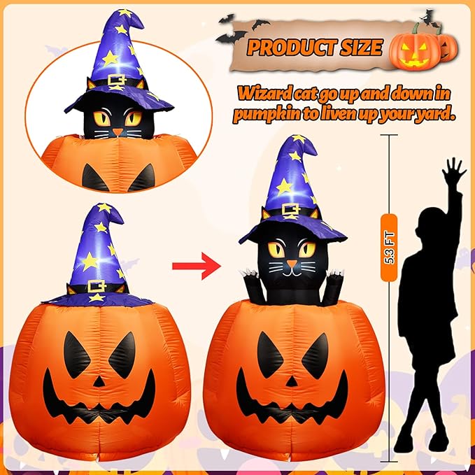 5.3 FT Halloween Inflatable Animated Witch Cat in Pumpkin, Blow Up Yard Decorations with Build-in LEDs Lighted Decor for Holiday Party Outdoor Indoor Lawn Garden